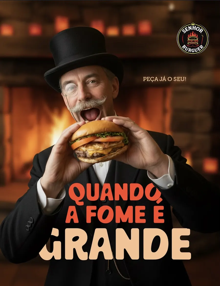 Campanha do Senhor Burguer: o mascote morde um hambúrguer com o texto “Quando a fome é grande”